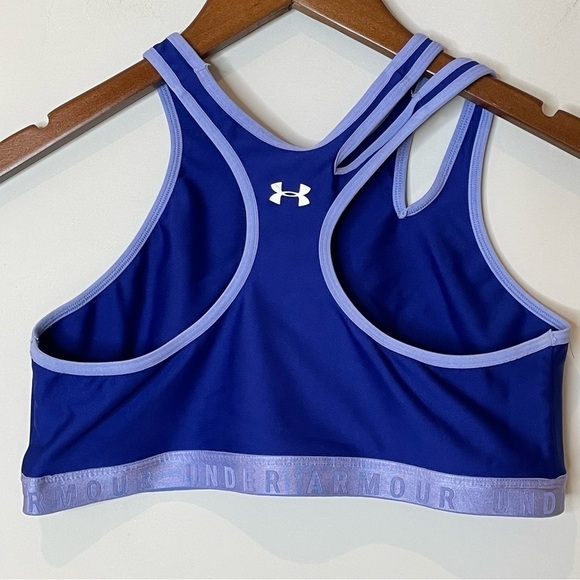 Under Armour Asymmetrical Sports Bra Spell Out Low Impact Cutout Cobalt Blue L - Picture 9 of 13